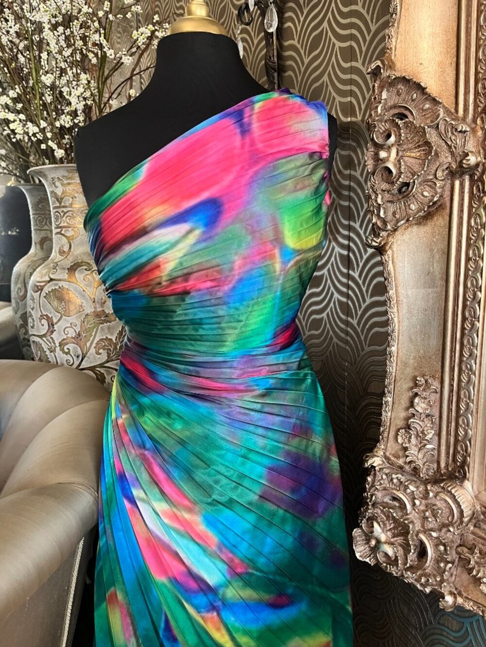 AKIRA Label watercolor pleated satin midi dress - Picture 4 of 6